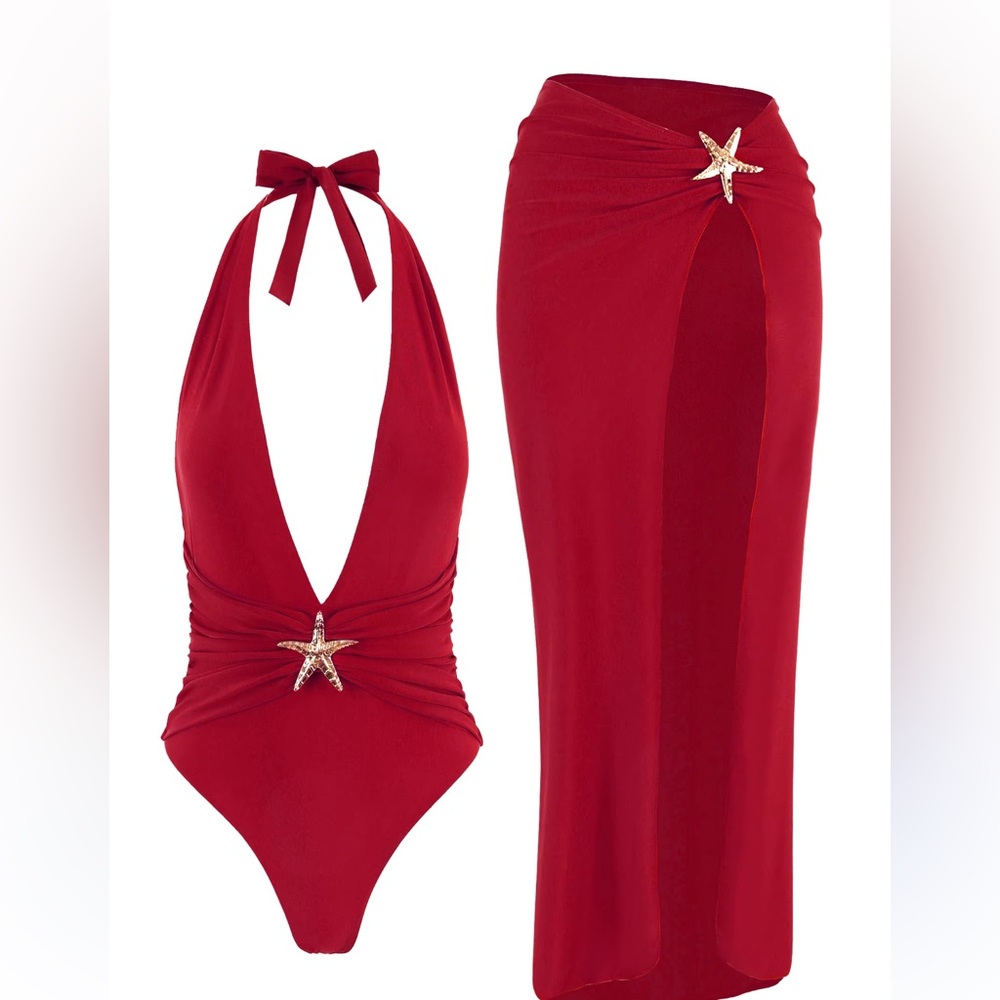 Starfish One Piece Bathing Suits with High Split Skirt Cover 2 Piece Swimsuits